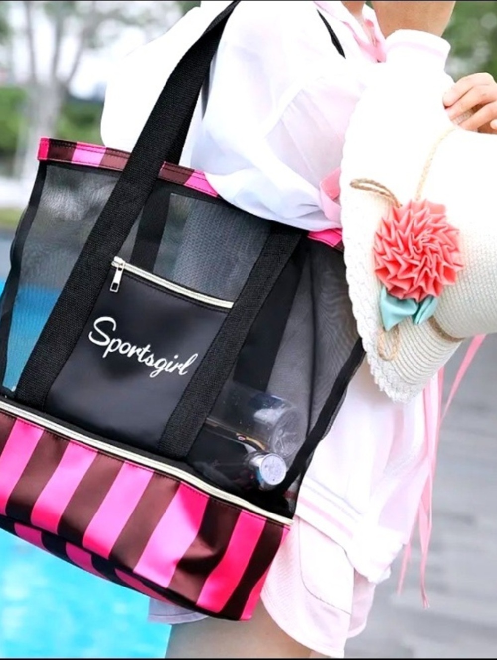 New -Fun & Stylish -Black Mesh Tote w/a Unique Pink Striped Base